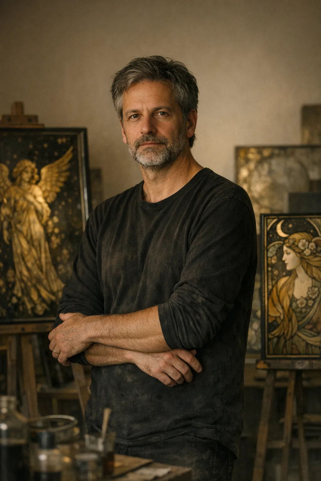 Portrait of the artist in the studio beside reverse glass paintings