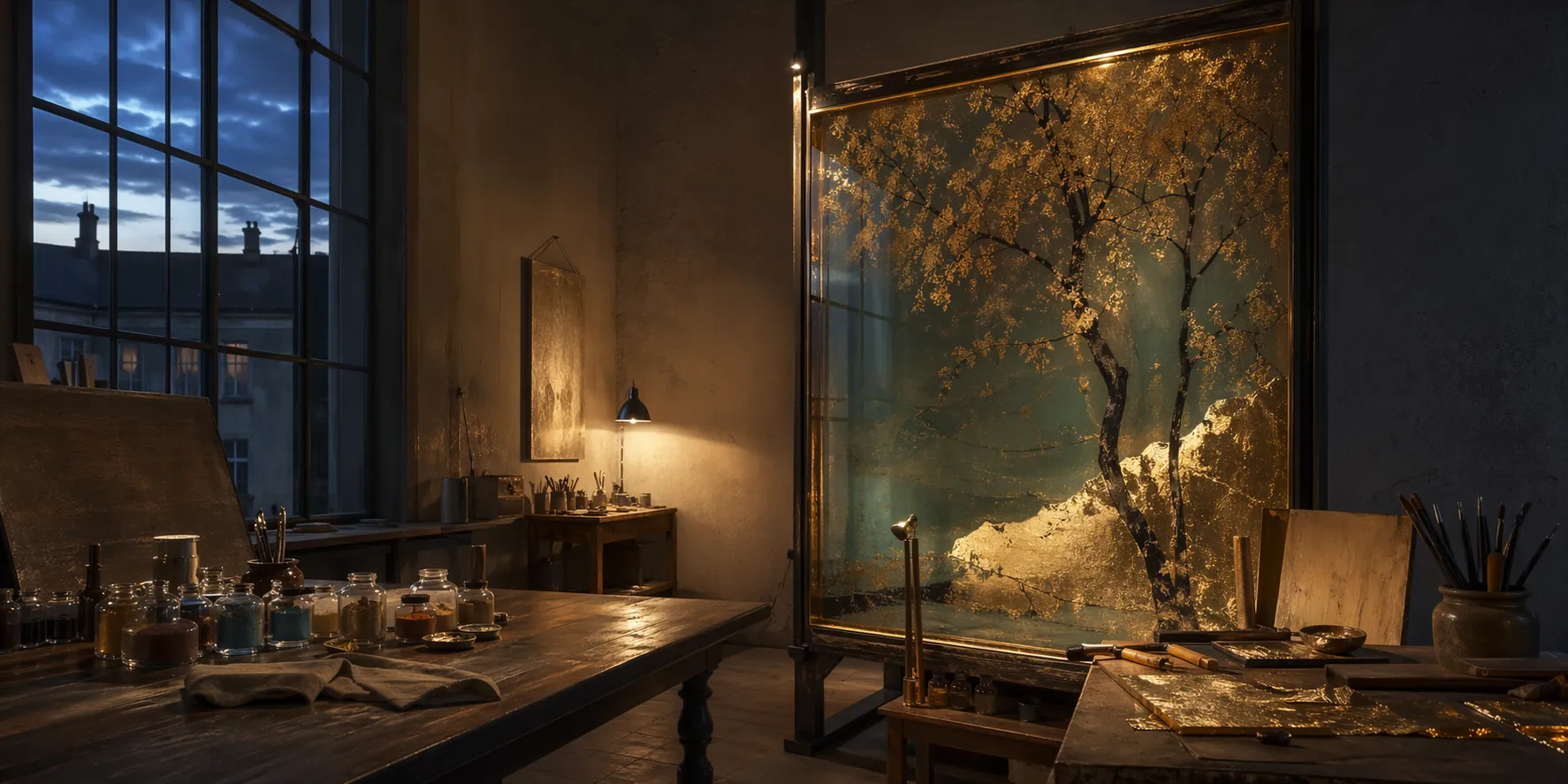 Blue-hour art studio with a luminous reverse-painted glass panel, pigments, and gilding tools