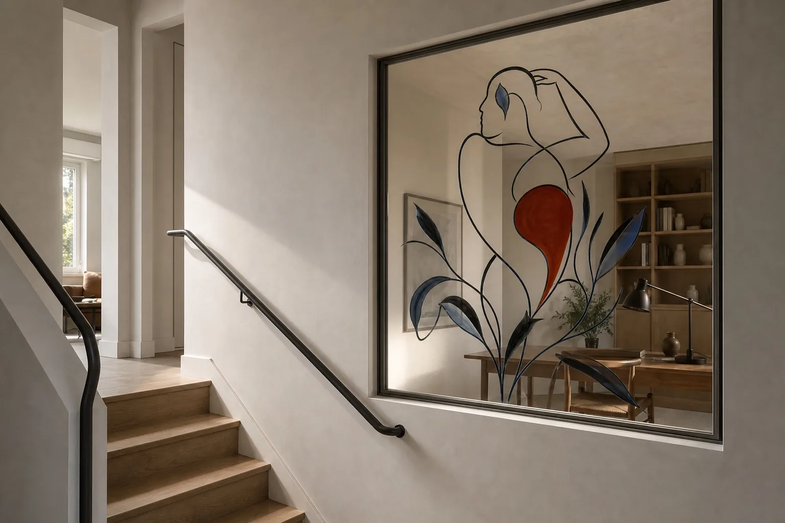 Concept view of an interior stair window with a spare red-orange figure painted on the glass