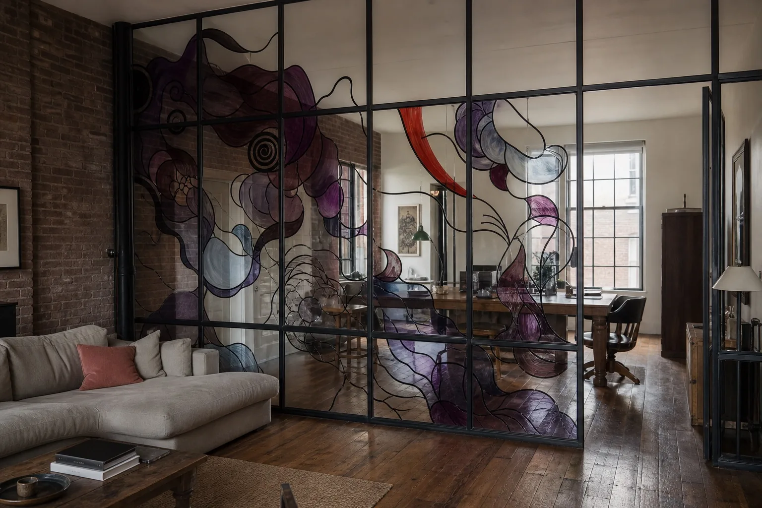 Concept view of a loft glass wall painted with burgundy, violet, blue, and red organic forms