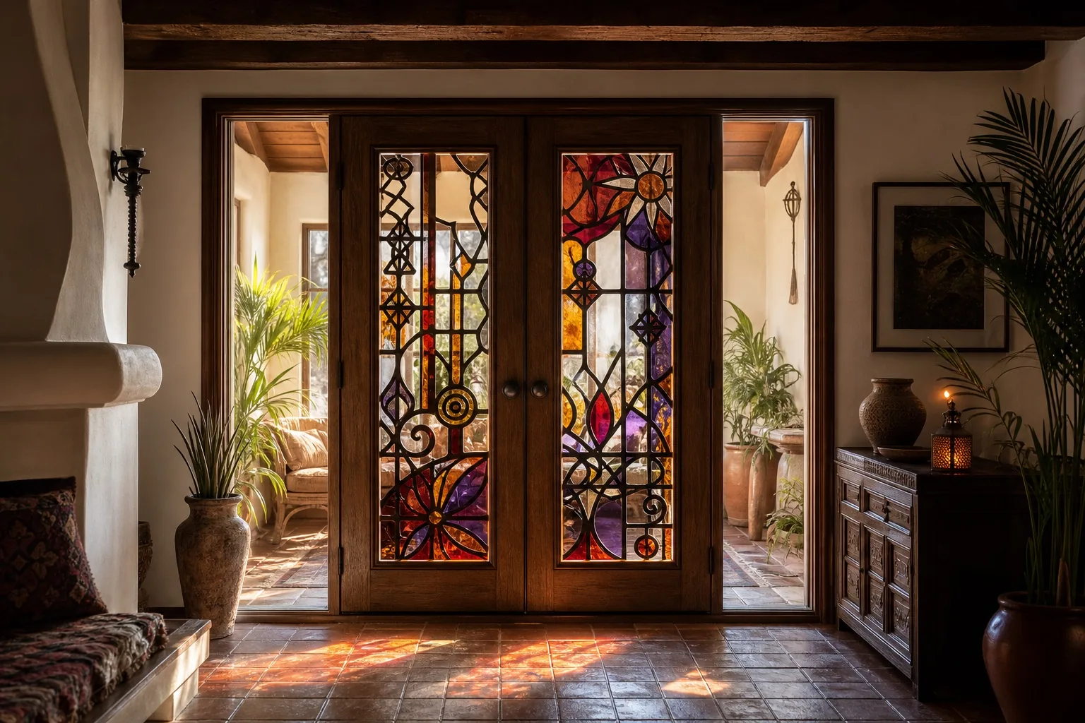 Concept view of sunroom doors with dense geometric reverse-painted glass panels
