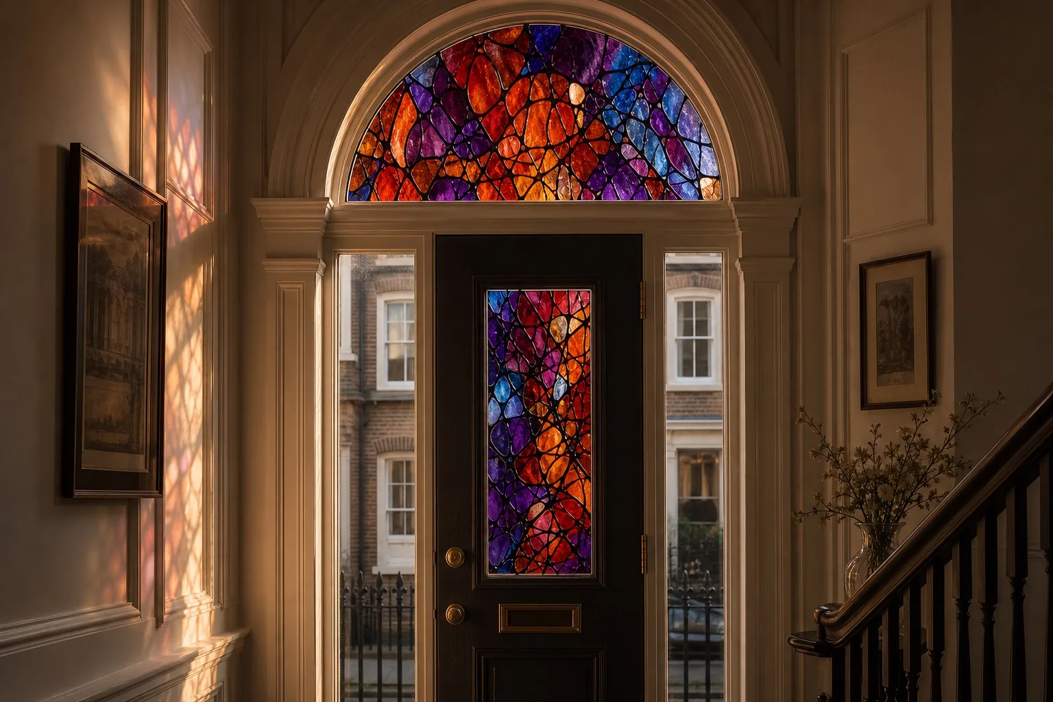 Concept view of a townhouse entry with red, orange, violet, and blue reverse-painted glass