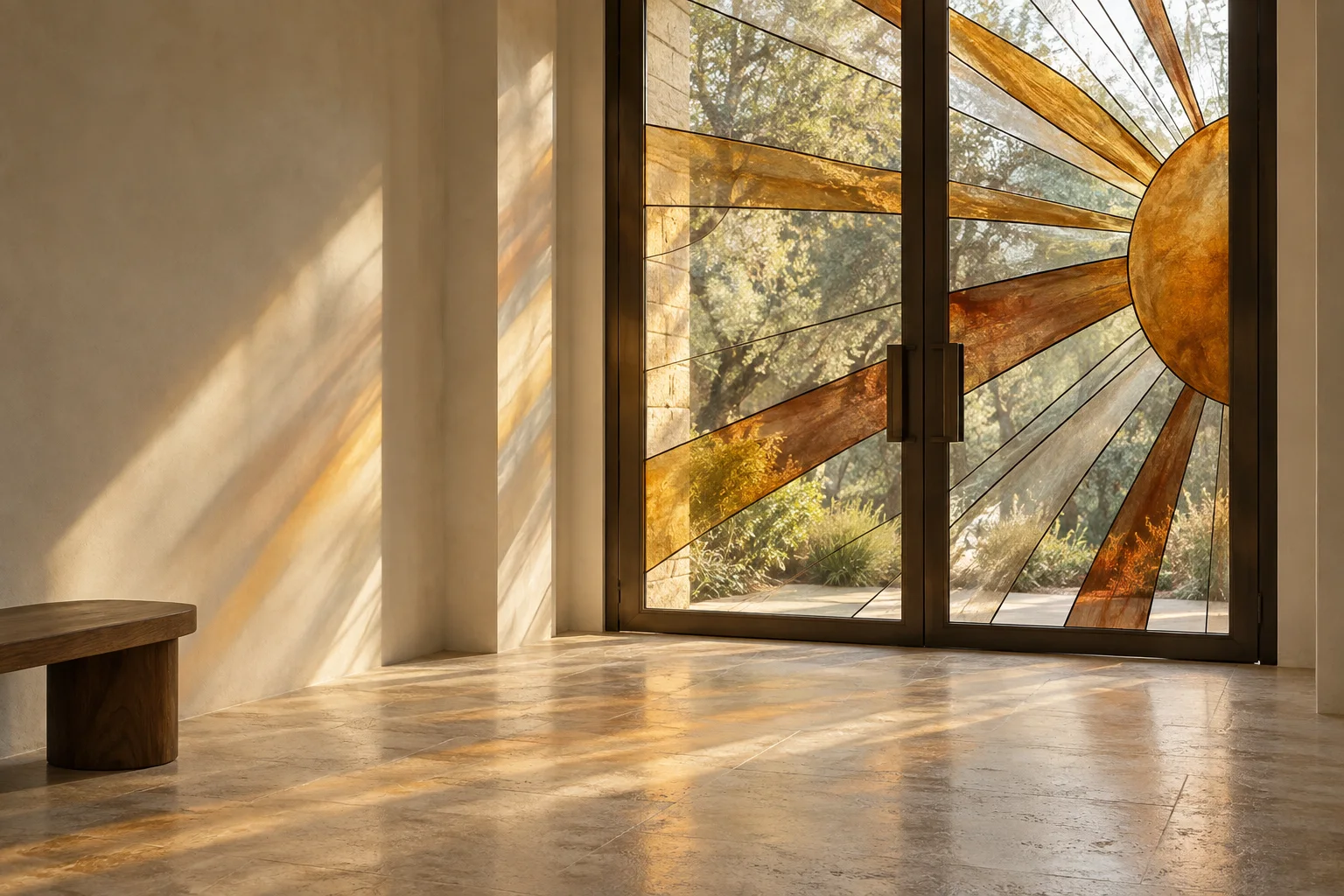 Room concept: amber sunburst paint on glass doors casts warm light across a quiet entry hall